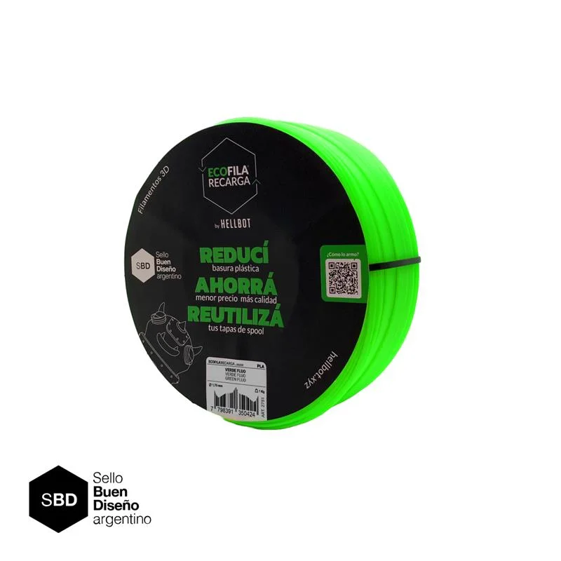 Verde Fluo SIN CARRETEL Filamento Hellbot ECOFILA PLA 1,75mm 1kg ECOFILA 3679