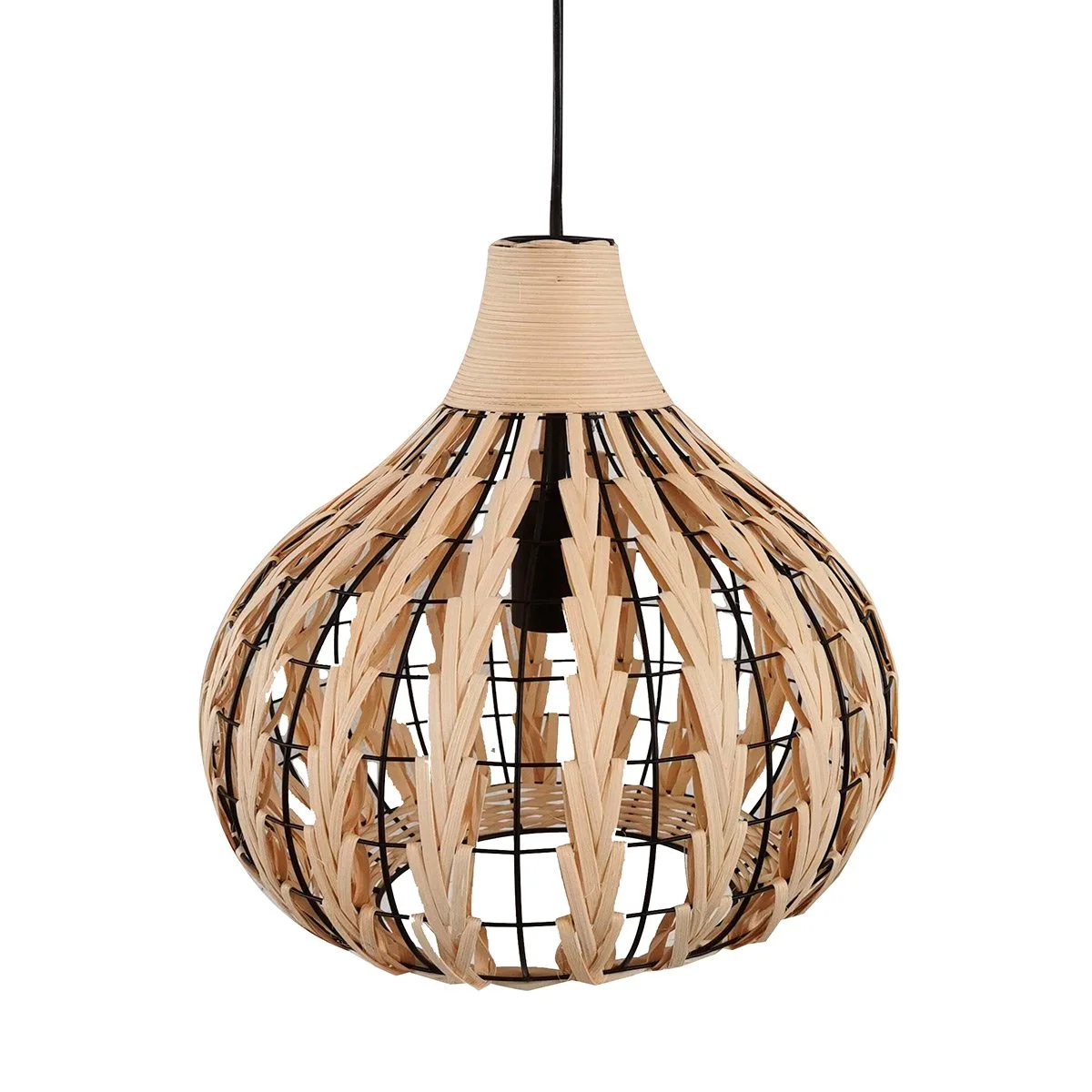 Luminaria lampara colgante de ratán y hierro negro ø 34 x 32 cm