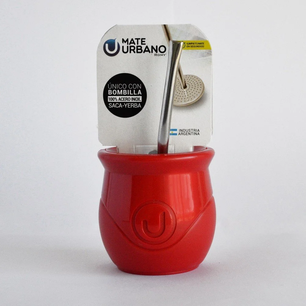 Mate ROJO Plastico Urbano Con Bombilla Saca Yerba